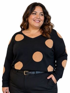 Chico’s 3 (XL) Black & Camel Brown Lightweight Vneck Oversized Polka Dot Sweater